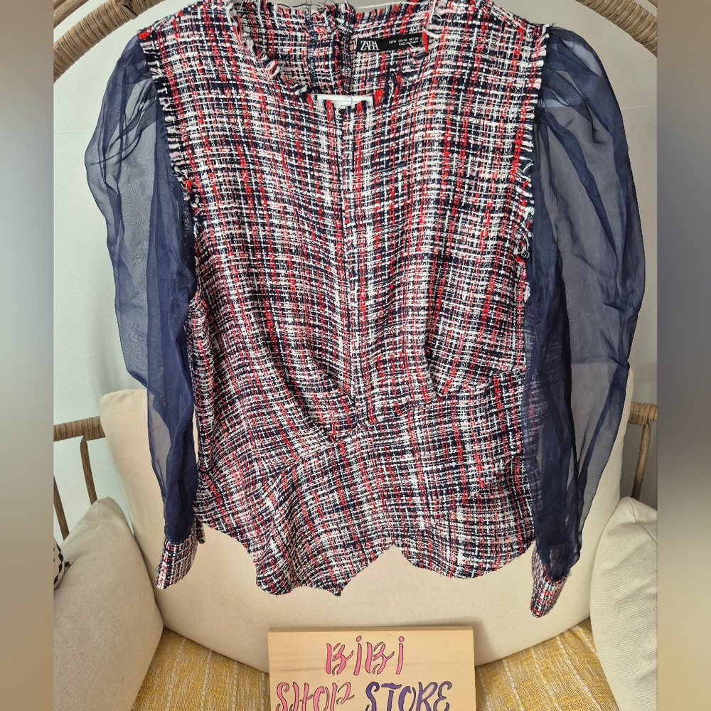 Zara Navy and Red Checkered Blouse with Sheer Sleeves